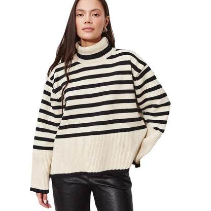 Damen Pullover Gestreift Hoher Kragen Lässiger Schnitt
