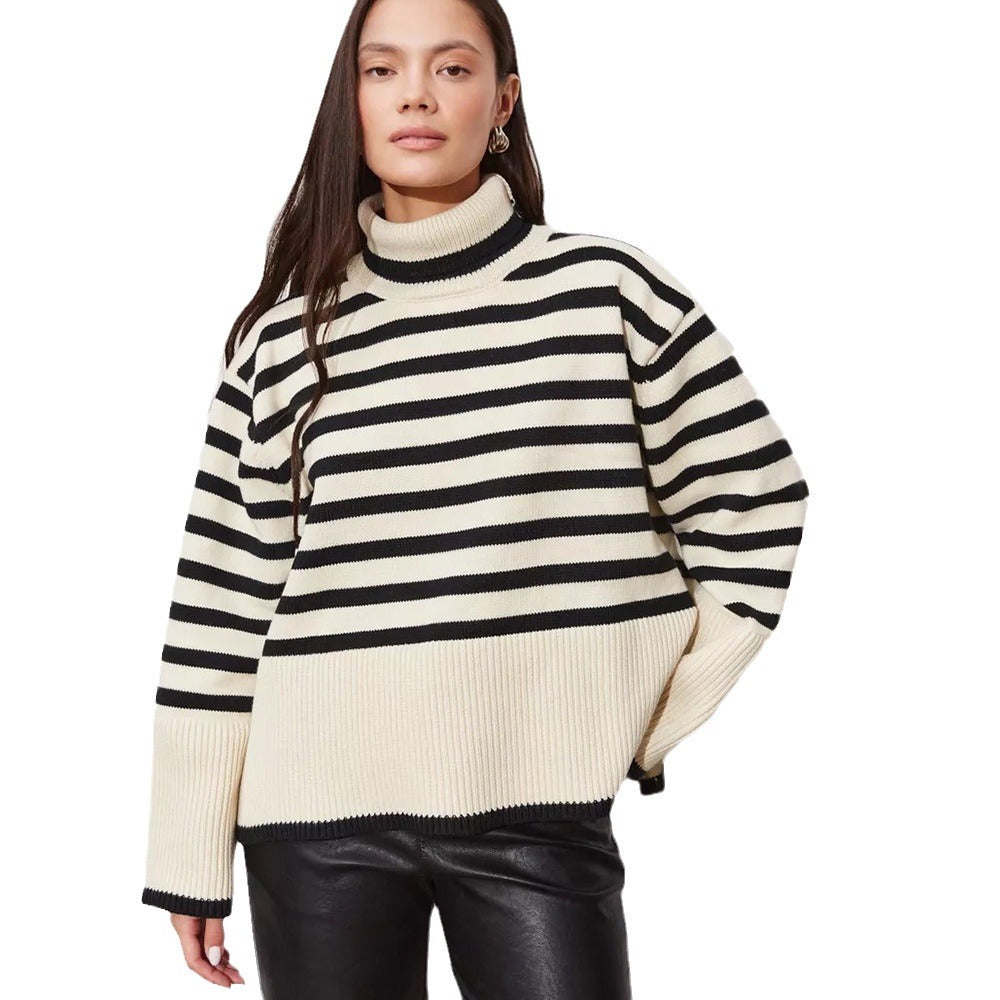 Damen Pullover Grob gestrickt Breton Streifen Hochkragen Beige