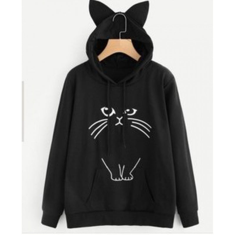 Damen Kapuzenpullover Katzenmotiv Ohrdetails Norvielle