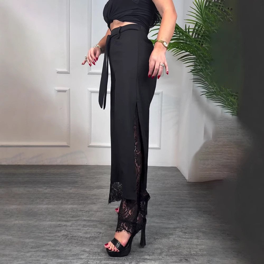 Damen Lange Hose Spitze Schlitze