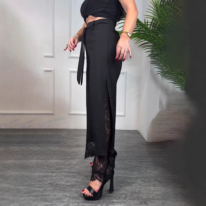 Damen Lange Hose Spitze Schlitze