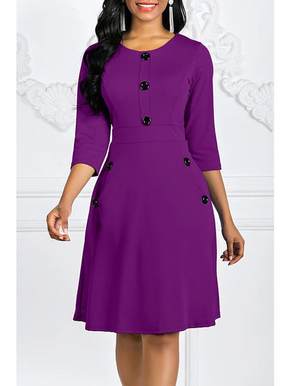 Damen Knieumspielendes Kleid mit Schmuckknöpfen 3/4-Ärmel