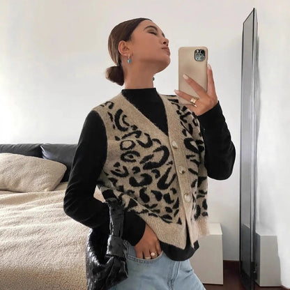 Damen Strickweste Leoprint Hochwertig