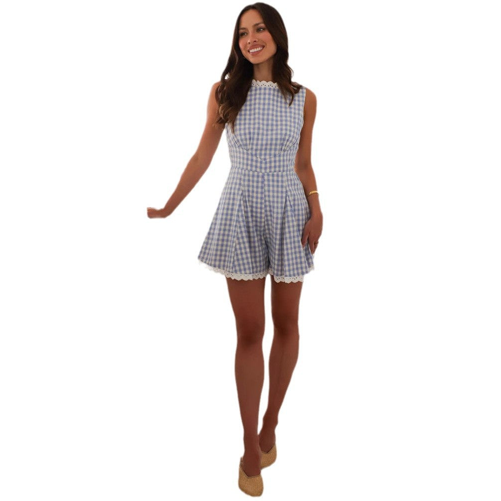 Damen Jumpsuit mit gekräuseltem Saum und Spitze