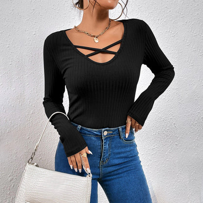 Damen Langarmshirt Modischer Kreuz-Ausschnitt Baumwolle Weiß