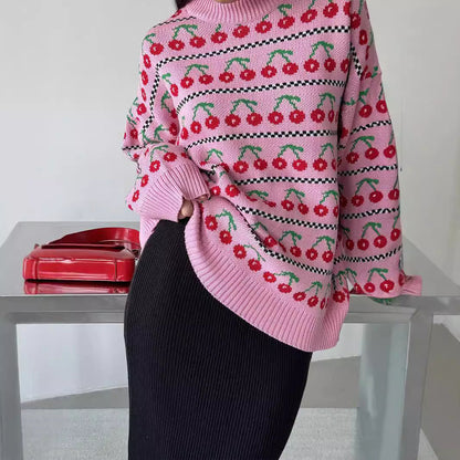 Damen Strickpullover Kirschmotiv Norvielle