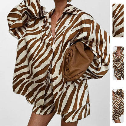 Damen Oversized Hemd Zebra-Print Kurzärmelig Weiß/Schwarz - Norvielle