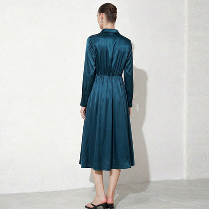 Damen Hemdblusenkleid Seide Glänzend Midi