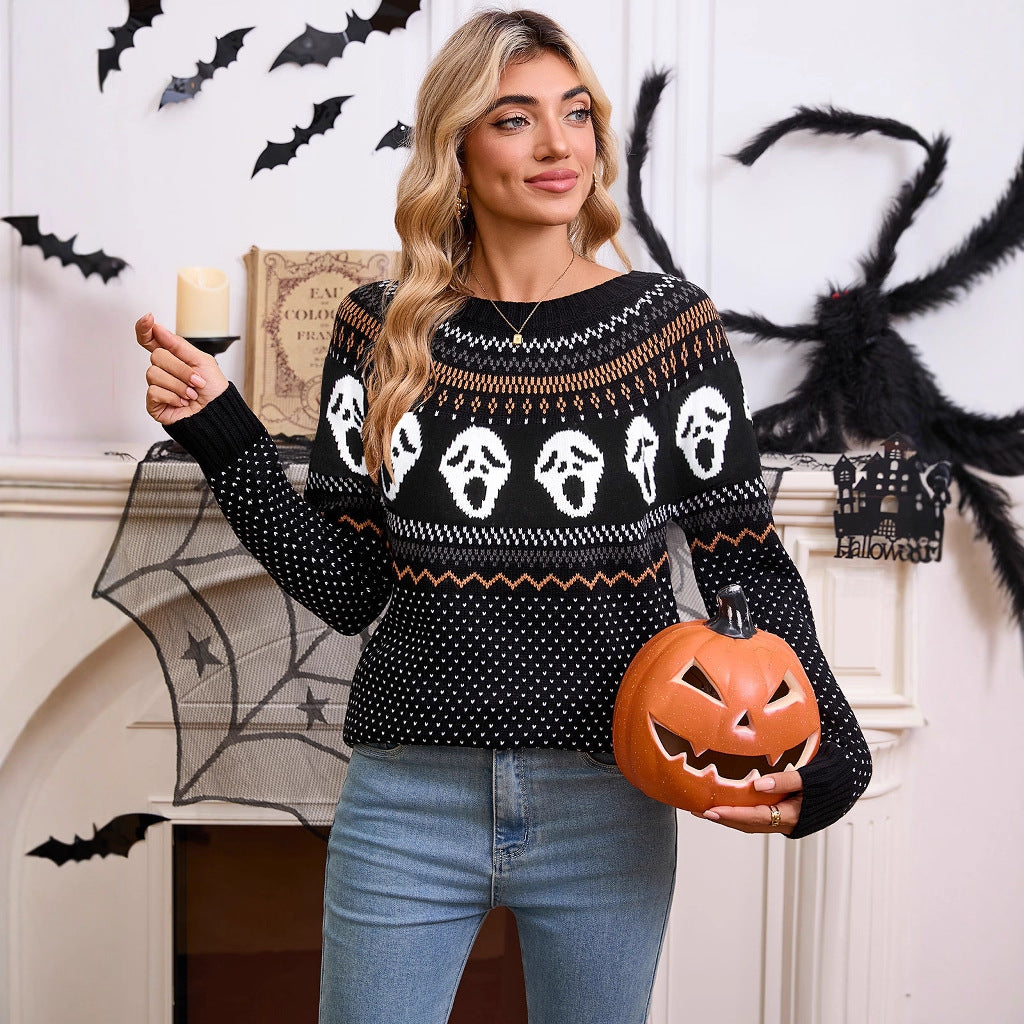 Damen Strickpullover Gemustert Halloween-Motiv Norvielle