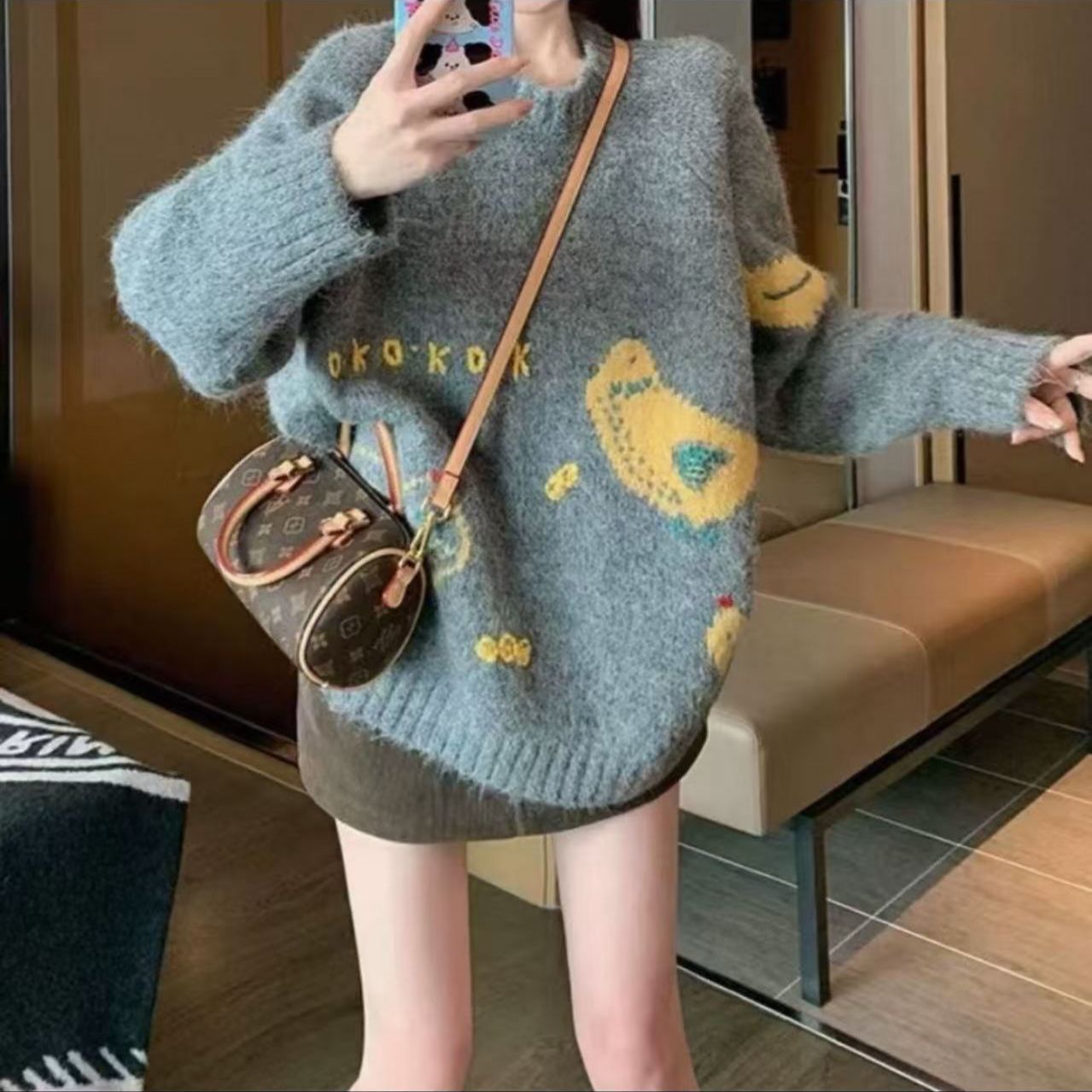 Damen Strickpullover Kuschelig Vogelmotiv Norvielle