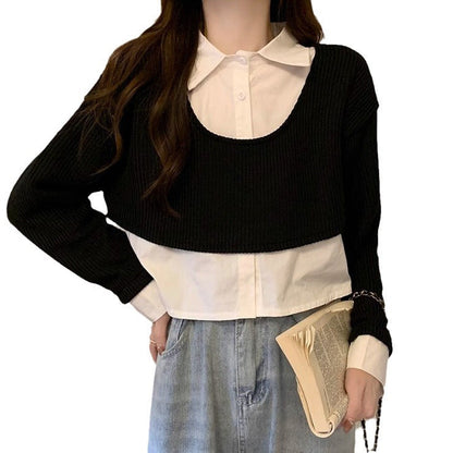 Damen Strickpullover mit Hemd Cropped Baumwolle Weiß