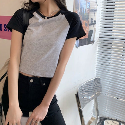 Damen Crop- Baumwollmix Kontrastärmel