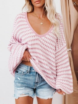 Damen Strickpullover Weit Karomuster Beige