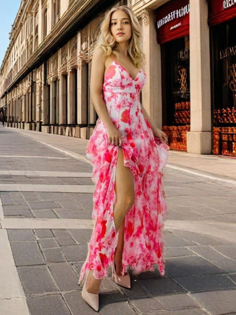 Damen Maxikleid Flora Rüschen Tiefes Dekolleté