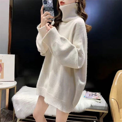 Damen Oversized Pullover Grobstrick Hochkragen Beige