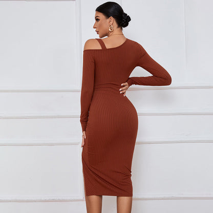 Damen Rippkleid One-Shoulder Ausschnitt Raffung