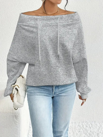 Damen Oversized Pullover Offener Kragen Kordelzug Beige