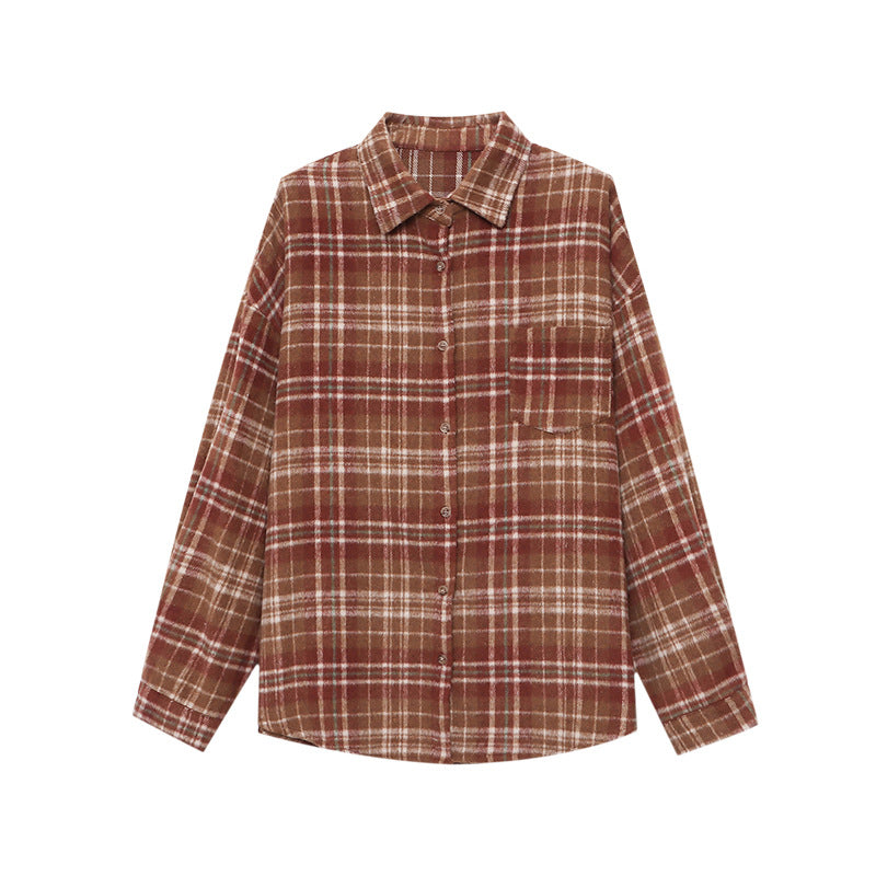 Damen Karo-Hemdjacke Lässiger Schnitt Praktische Taschen