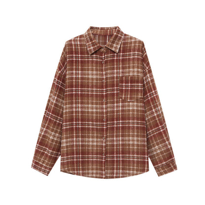 Damen Karo-Hemdjacke Lässiger Schnitt Praktische Taschen