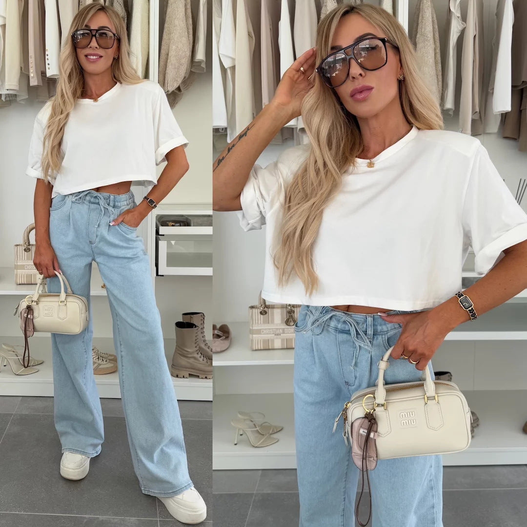 Damen T-Shirt Cropped Baumwolle Weite Ärmel Beige