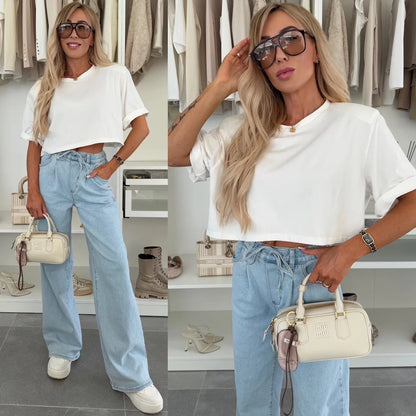 Damen T-Shirt Cropped Baumwolle Weite Ärmel Beige
