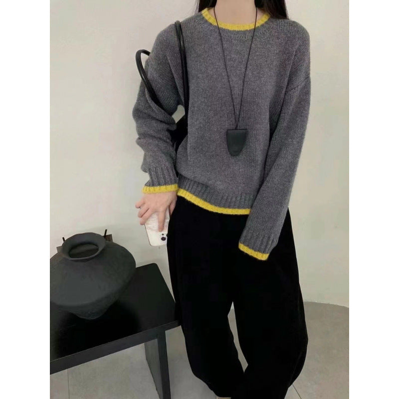 Damen Strickpullover Weich Kontrastbündchen Norvielle