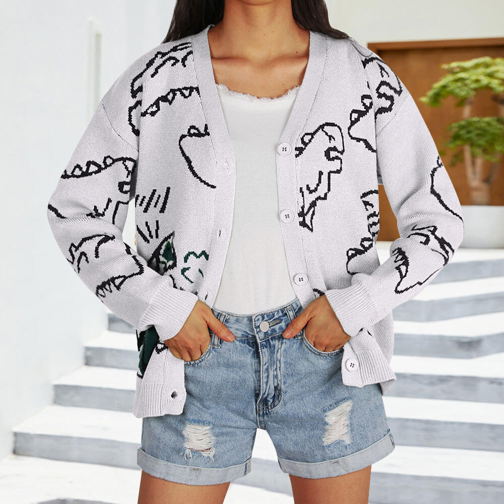 Damen Strickjacke Gemustert Dinosaurier Motiv Norvielle