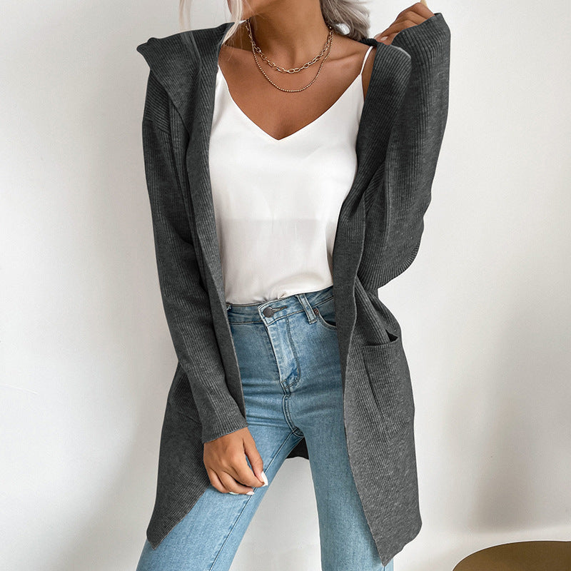 Damen Strickcardigan Offene Front Hochkragen Beige