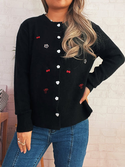 Damen Strickjacke Bunt Stickdesign Knopfverschluss