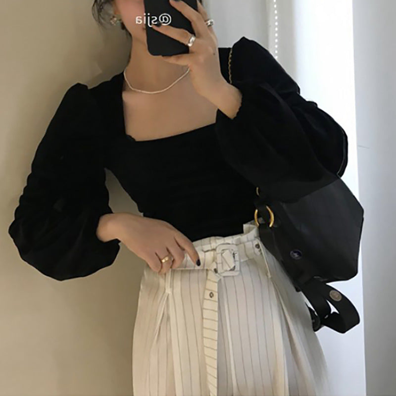 Damen Oberteil Quadrat-Ausschnitt Puffärmel Elegant