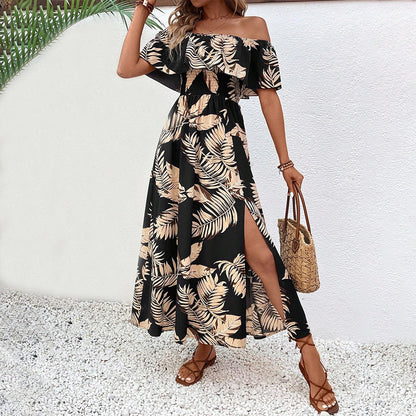 Damen Maxikleid Schulterfrei Rüschenbesatz Elegant - Norvielle