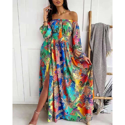 Damen Maxikleid Offene Schulter Barockmuster Norvielle