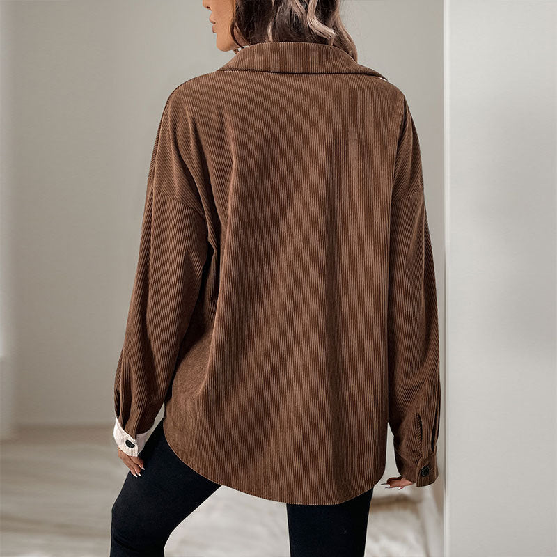 Damen Cordbluse Kontrastdetails Baumwolle Beige