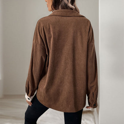 Damen Cordbluse Kontrastdetails Baumwolle Beige
