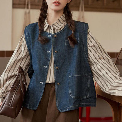 Damen Denimweste Knopfverschluss Taschen
