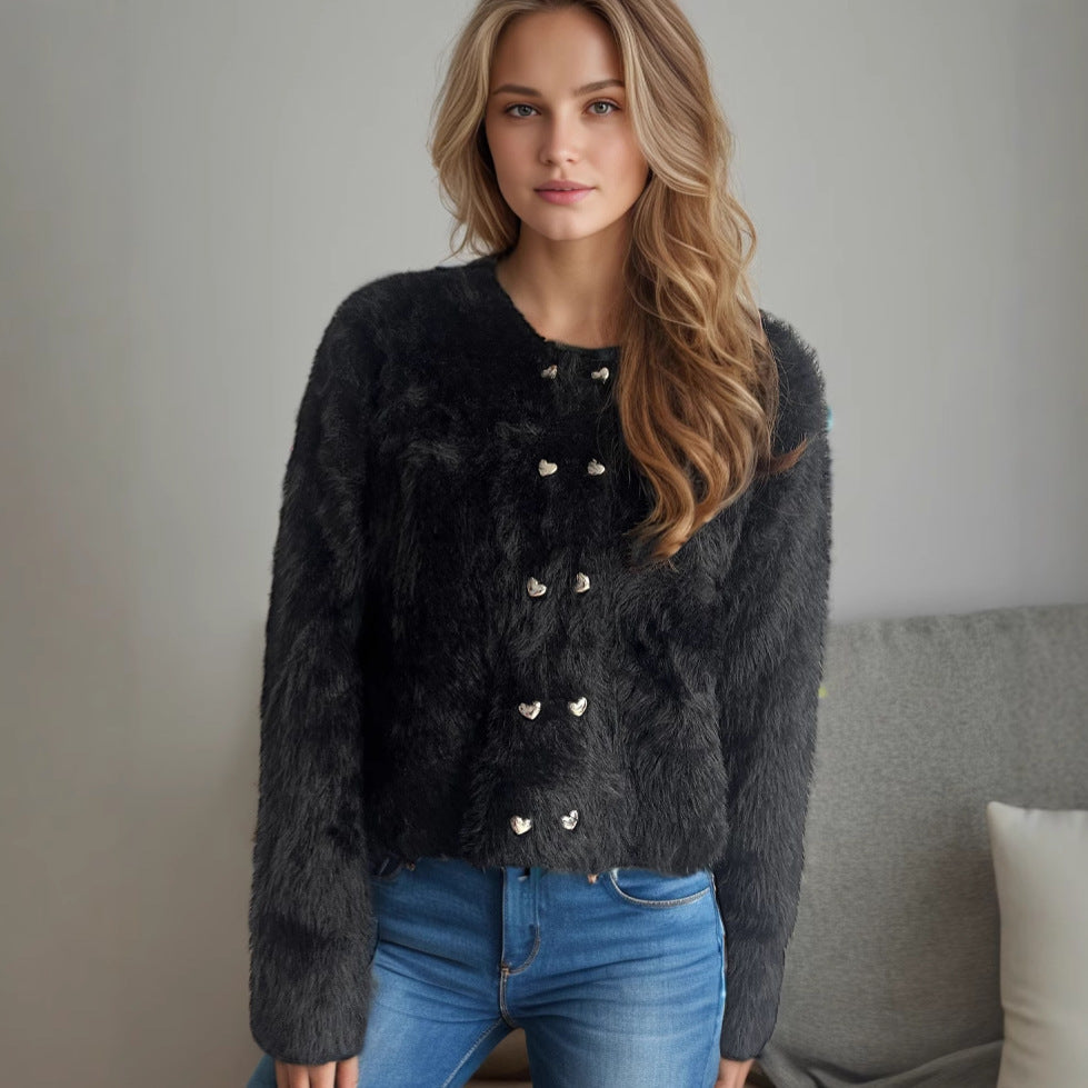 Damen Bolero Weich Gestrickt Herzknöpfe Norvielle