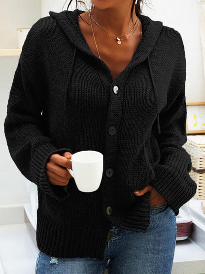 Damen Cardigan Grobstrick Kapuze Knöpfe Beige