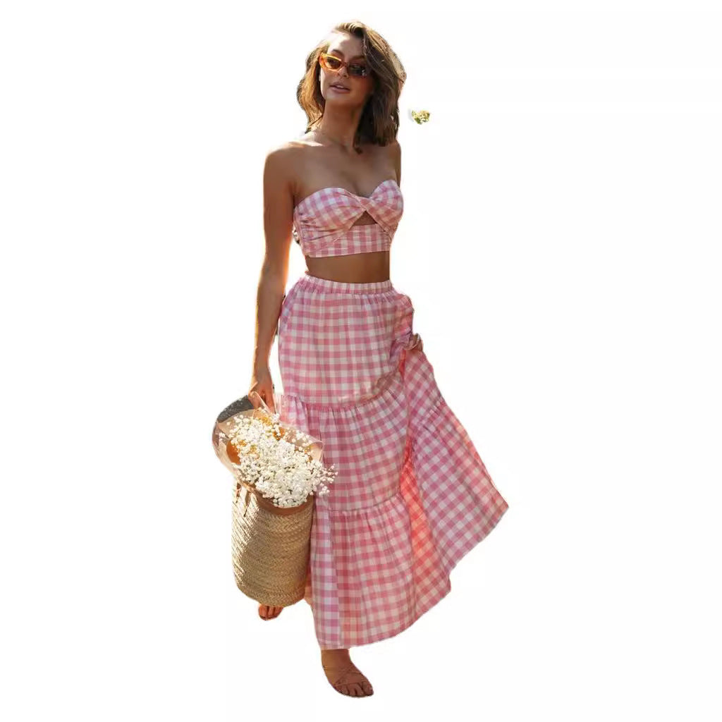 Damen Gingham Set Crop Voluminöser Rock