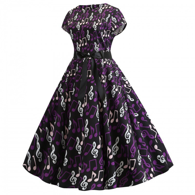 Damen Swing-Kleid Musikmuster Eleganter Taillengürtel