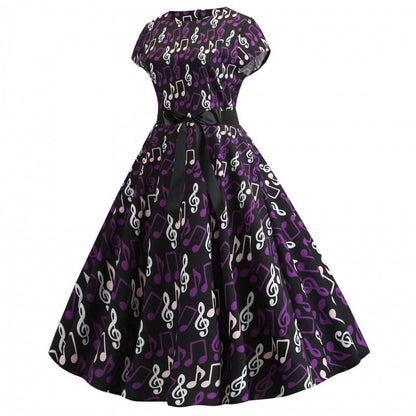 Damen Swing-Kleid Musikmuster Eleganter Taillengürtel