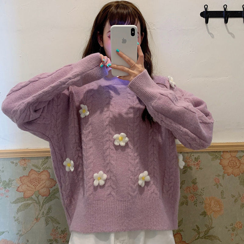 Damen Grobstrickpullover Blumenapplikationen Norvielle