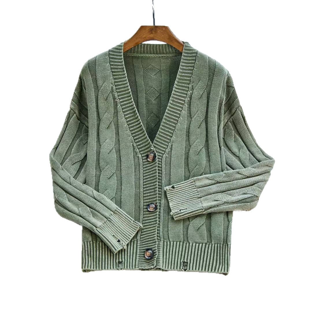 Damen Grobstrickjacke V-Ausschnitt Dekorative Knöpfe Norvielle