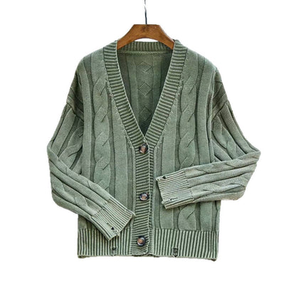 Damen Grobstrick Cardigan V-Ausschnitt Zopfmuster Beige