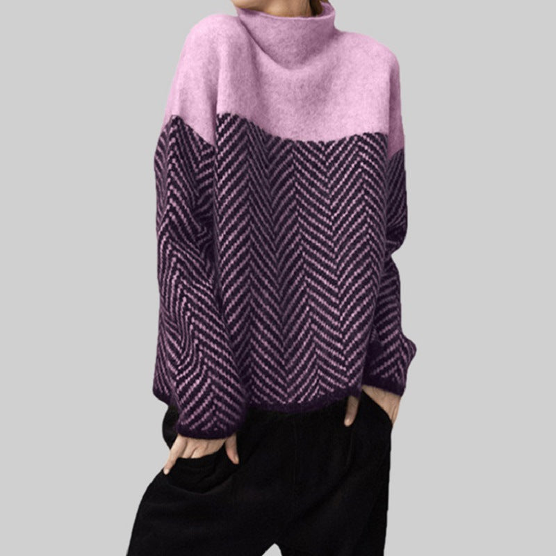 Damen Grobstrickpullover Hochgeschlossener Kragen Chevron-Muster