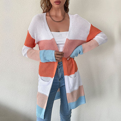 Damen Cardigan Lässig Gestrickt Blockfarben Tiefen Taschen Beige