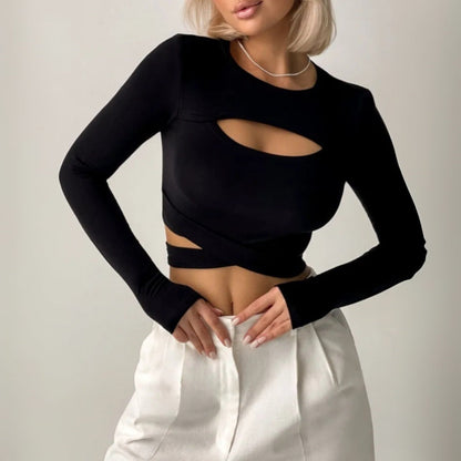 Damen Cropped Langarmshirt Elastisch Cut-Out-Design