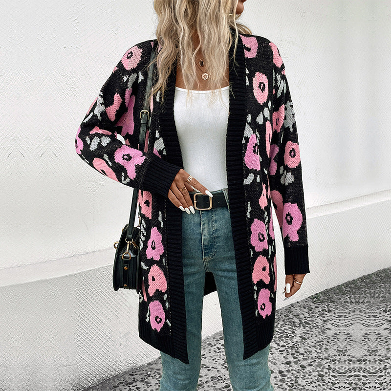 Damen Strickjacke Offener Schnitt Florales Muster Beige