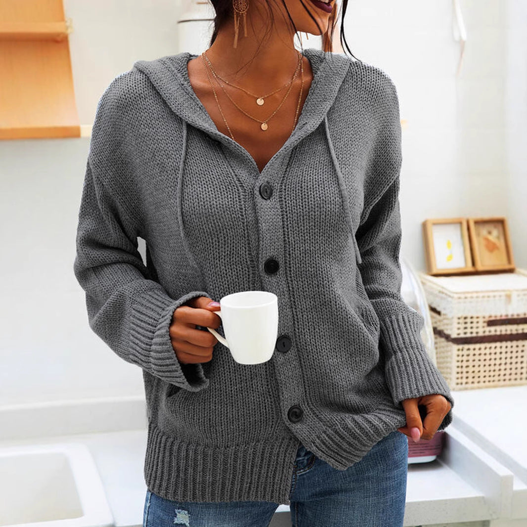 Damen Cardigan Grobstrick Kapuze Knöpfe Beige - Norvielle