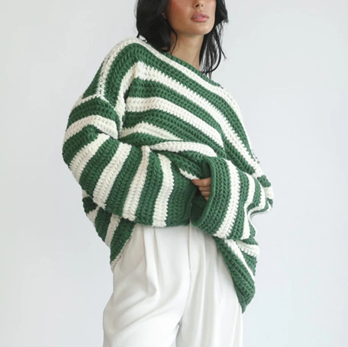 Damen Grobstrickpullover Streifenmuster Lässig Beige