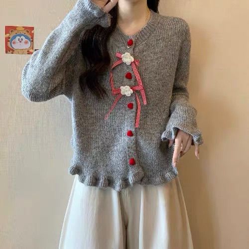 Damen Strickjacke Dekorative Blumenmotive Norvielle